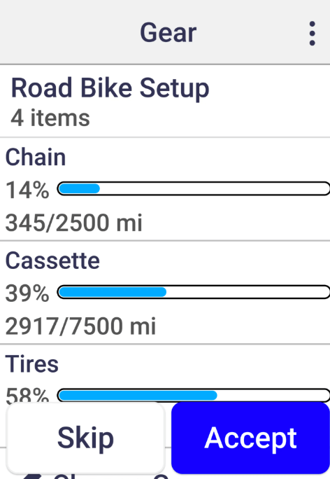 Screenshot of a mobile app showing a Road Bike Setup with gear maintenance status. It lists Chain at 14%, Cassette at 39%, and Tires at 58%, along with mileage indicators for each component.