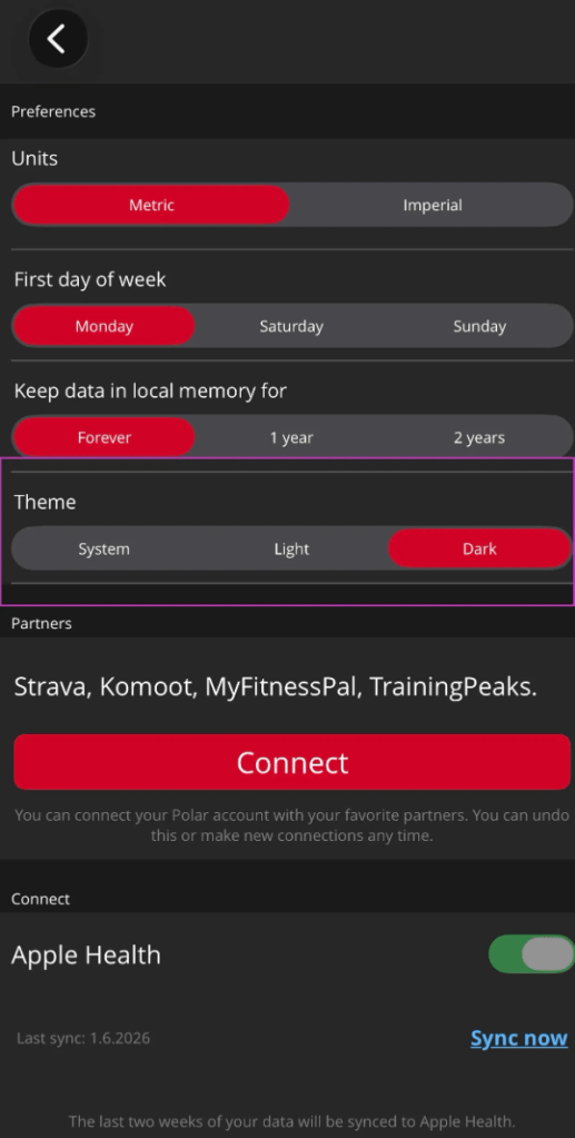 User preferences screen for a fitness application, displaying options for measurement units, first day of the week, data retention period, theme selection, partner connections, and Apple Health sync status.